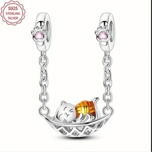 Sterling Silver Napping Cat In Hammock Charm-NEW